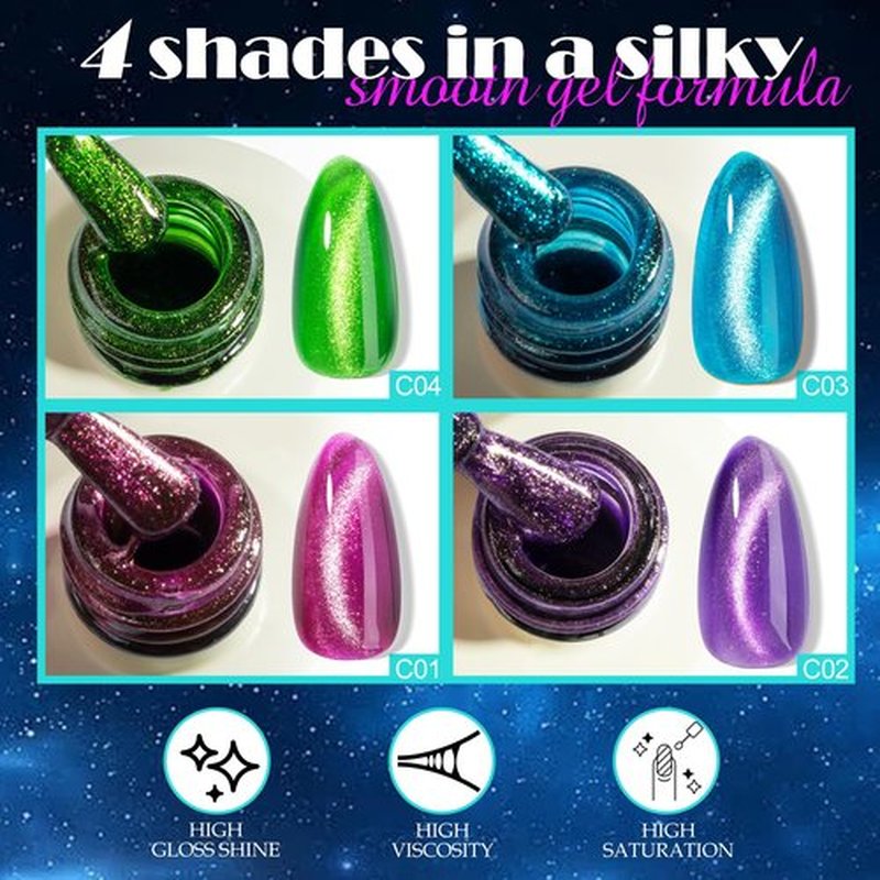 NXJ INFILILA Cat Eye Gel Nail Polish Set 4 Colors 15ML - Pink Purple Blue Green Magnetic Nail Polish, Sparkle Glitter Gel Polish Kit for LED/UV Lamp, Soak Off DIY Home Salon Manicure Gifts
