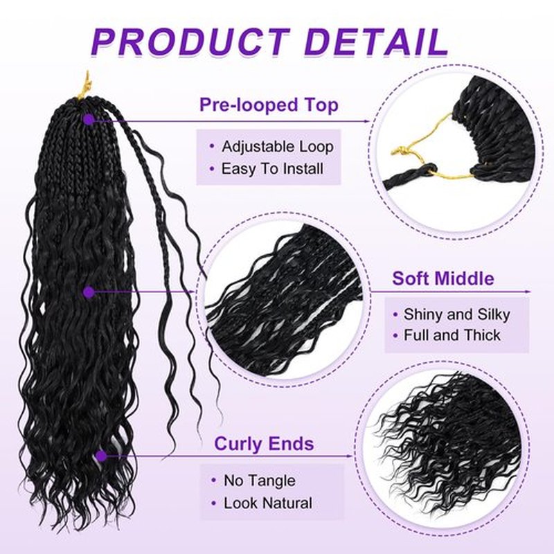 Eacia Goddess Box Braids Crochet Hair for Black Women 18 Inch Pre Looped Boho Crochet Box Braids with Curly Ends 7 Packs (18 Inch, 1B#)