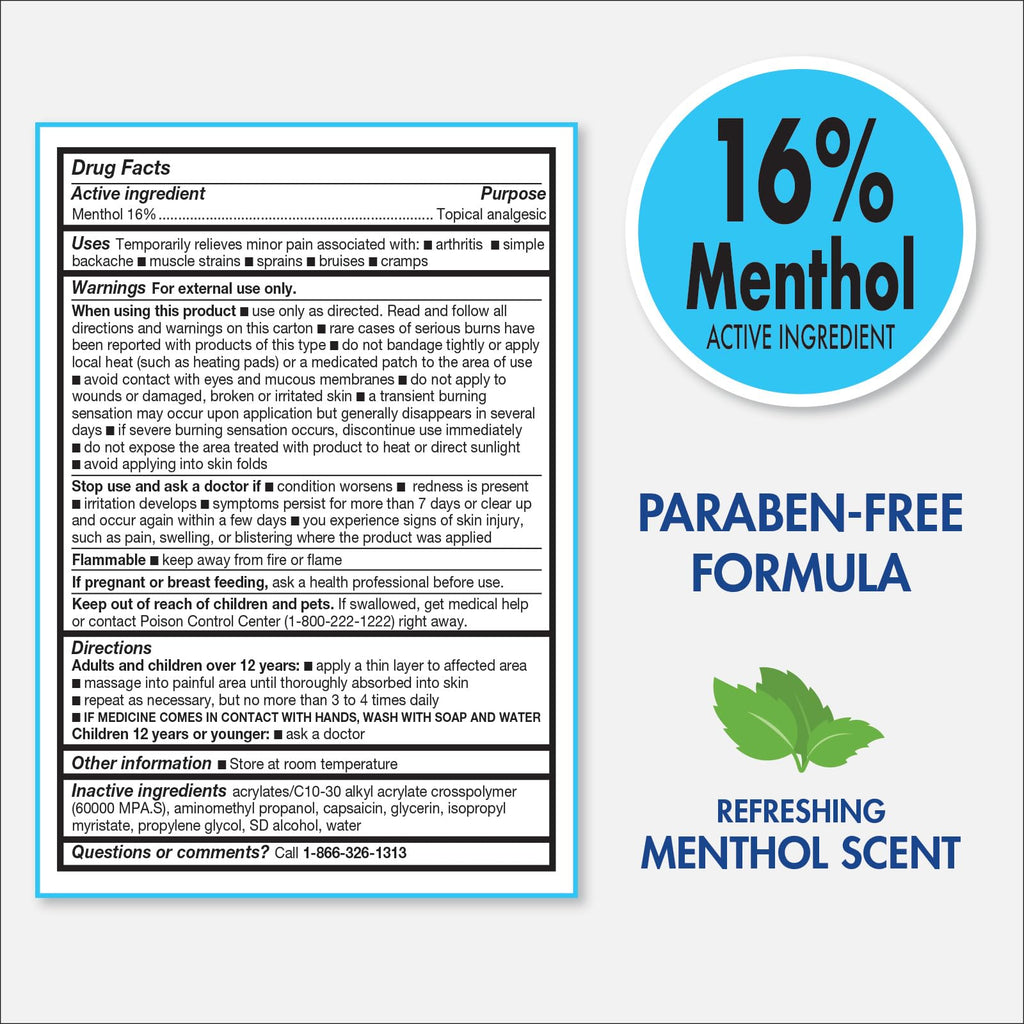 TheraCare 16% Menthol Roll-On | Cold Hot Sensation | Pain Relief Liquid | 2.5 oz. 73 mL | Non-Greasy Formula | Immediate Penetrating Action | Topical Analgesic