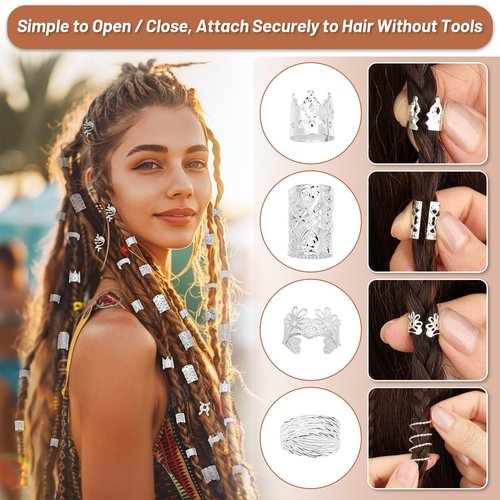 323 Pcs Silver Hair Jewelry for Braids, Dreadlocks, Twists and Locs, Adjustable Cuffs Rings and Charms Beads Accessories for Women Men, Perfect for Parties, Weddings, Festivals and Daily Wear