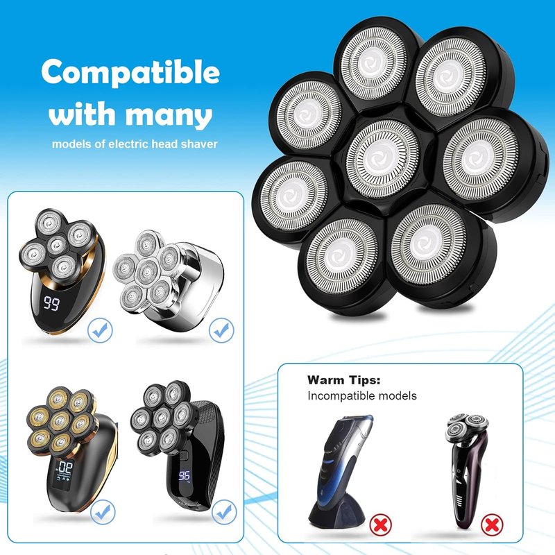 8D Electric Shaver Replacement Heads - Universal Stainless Steel Rotary Blades for Bald Head Razor | 8 Black Blades
