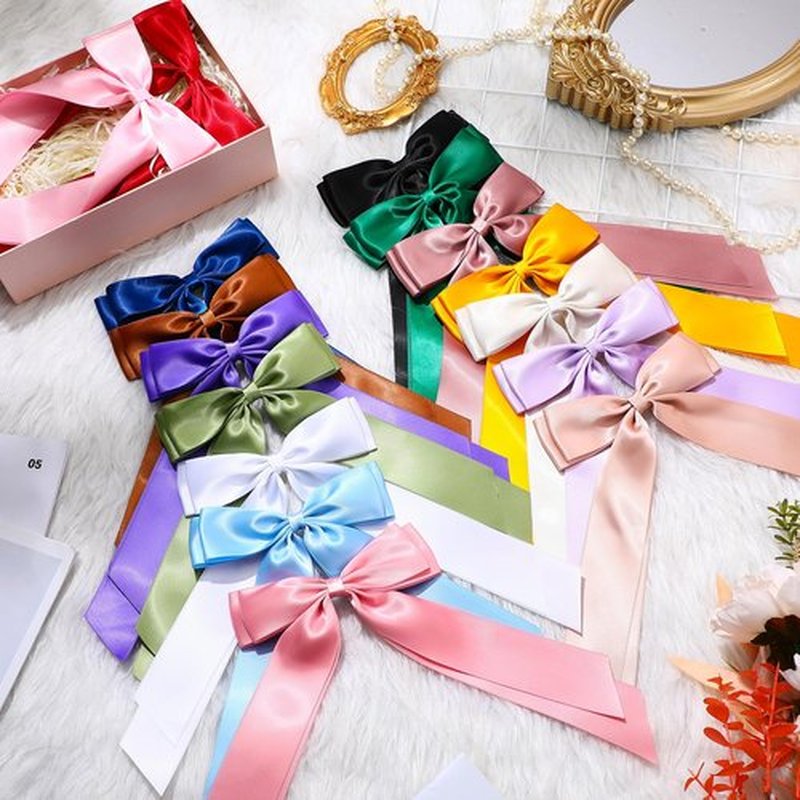 Mimorou 16 Pcs Satin Hair Bows for Women Girls Bulk Long Hair Bow Clips with Long Tail Silky Ribbon Barrettes Ponytail Holder Accessories Christmas Birthday Wedding Holiday Gifts