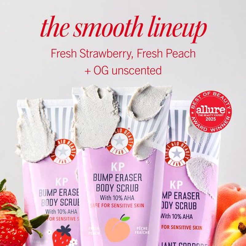 First Aid Beauty - KP Bump Eraser Body Scrub with 10% AHA, Keratosis Pilaris Skin Exfoliator with Glycolic & Lactic acids, Helps Reduce Chicken Skin Bumps, Safe for Sensitive Skin, 2 oz, 3 ct