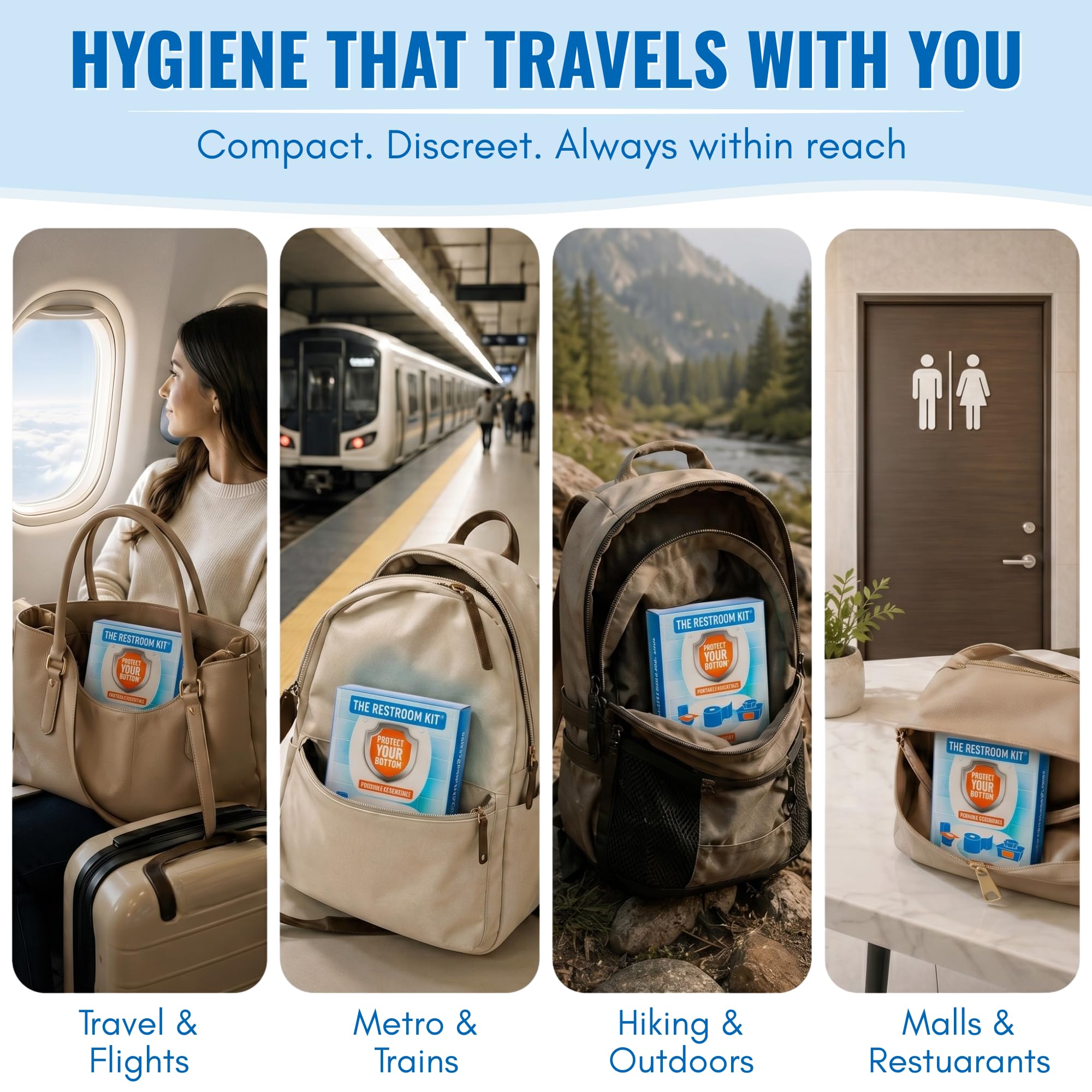 The Restroom Kit Great for travel (12-Pack) Portable Disposable Oversized Toilet Seat Cover, 3ft 3Ply Toilet Paper, Hand & Flushable Tush Wipe.