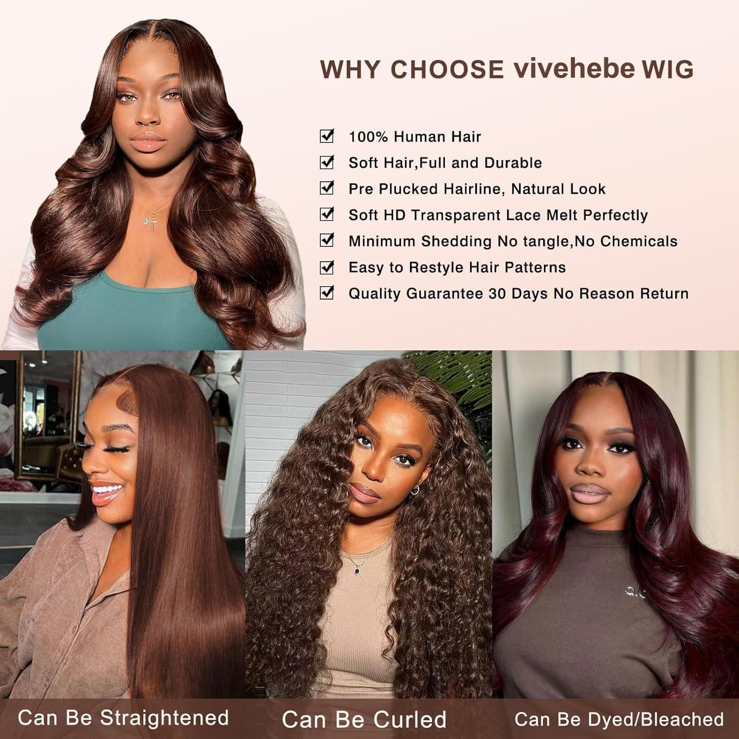 vivehebe Chocolate Brown Lace Front Wig 26 Inch 13x4 Body Wave HD Lace Front Wigs Human Hair Pre Plucked 180% Density Brown Wig for Women