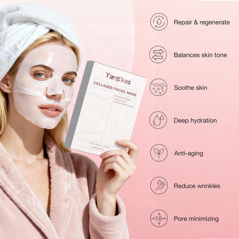 Yargkos 8 Pcs Collagen Facial Mask, Real Deep Overnight Hydrogel Face Sheet Mask Skincare, Moisturizing Hydrating Jelly Gel Mask, Elasticity Improvement, Pore Minimizing, Self Care Gifts for Women