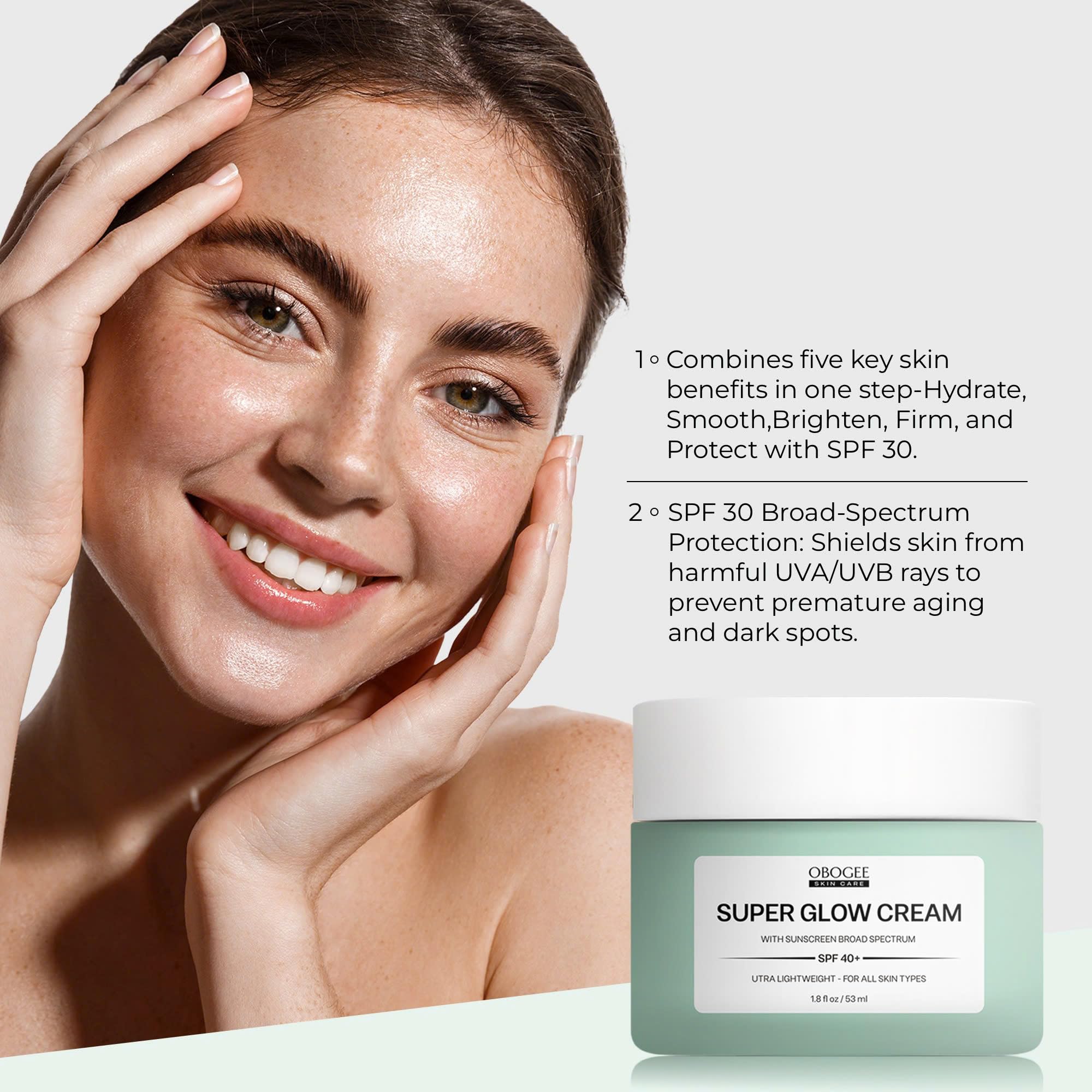 OBOGEE Super Glow Cream with Sunscreen SPF 40+, Lightweight Face Moisturizer with Sun Protection, 5-in-1 Skin Care Benefits 1.8 oz