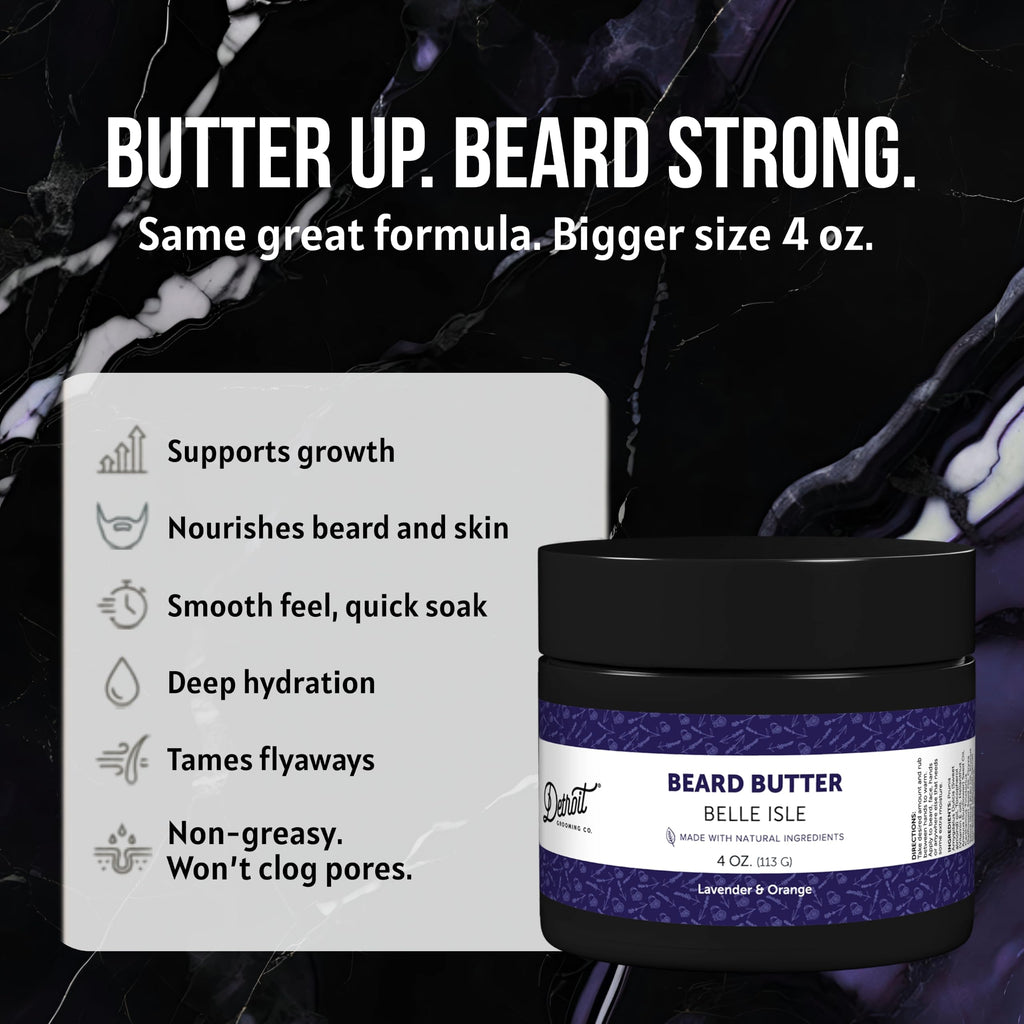 Detroit Grooming Co. Beard Butter for Men - Premium Leave-In Conditioner & Softener with Safflower Oil & Shea Butter - Hydrating Beard Moisturizer for Growth & Thickness - Belle Isle, 4oz
