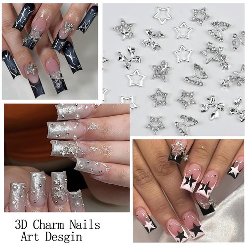 SEMATA 2Boxes 3D Nail Charms and Gems Black White Nail Pearls Rhinestones Flower Nails Charms Decoration for Nails Art Desgin Multi Sizes Sliver Flatback Pearls Bow Star Charm Set for Women