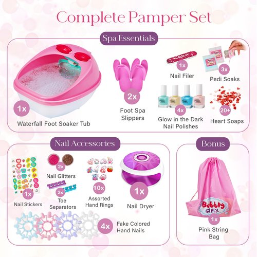 Glow in Dark Kids Spa Day Kit for Girls, 42+ Pieces Waterfall Foot Spa Toys, Nail Spa Kit, Pedicure Manicure Accessories, Perfect Spa Kit for Girls Ages 6 7 8 9 10 11 12, Fun Birthday Gifts or Present