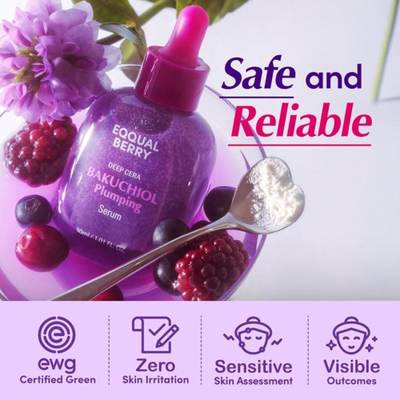 EQQUALBERRY Bakuchiol Plumping Face Serum - Retinol Natural Alternative for Sensitive Skin, with Niacinamide & Hyaluronic Acid, Pore & Wrinkle Korean Skin Care (1.01oz / 30ml)