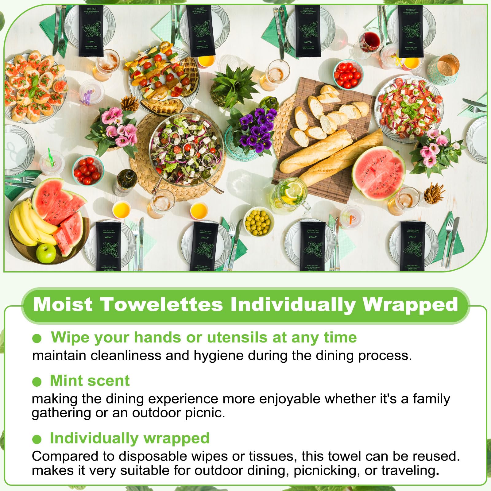 Moist Cotton Towel Bulk Moist Towelettes Individually Wrapped 8.7" x 8.7",White Towel Services,Refreshment Pre Moistened Towels for Travel Sport Party Spa Dentist (1 Count (Pack of 400), Mint)