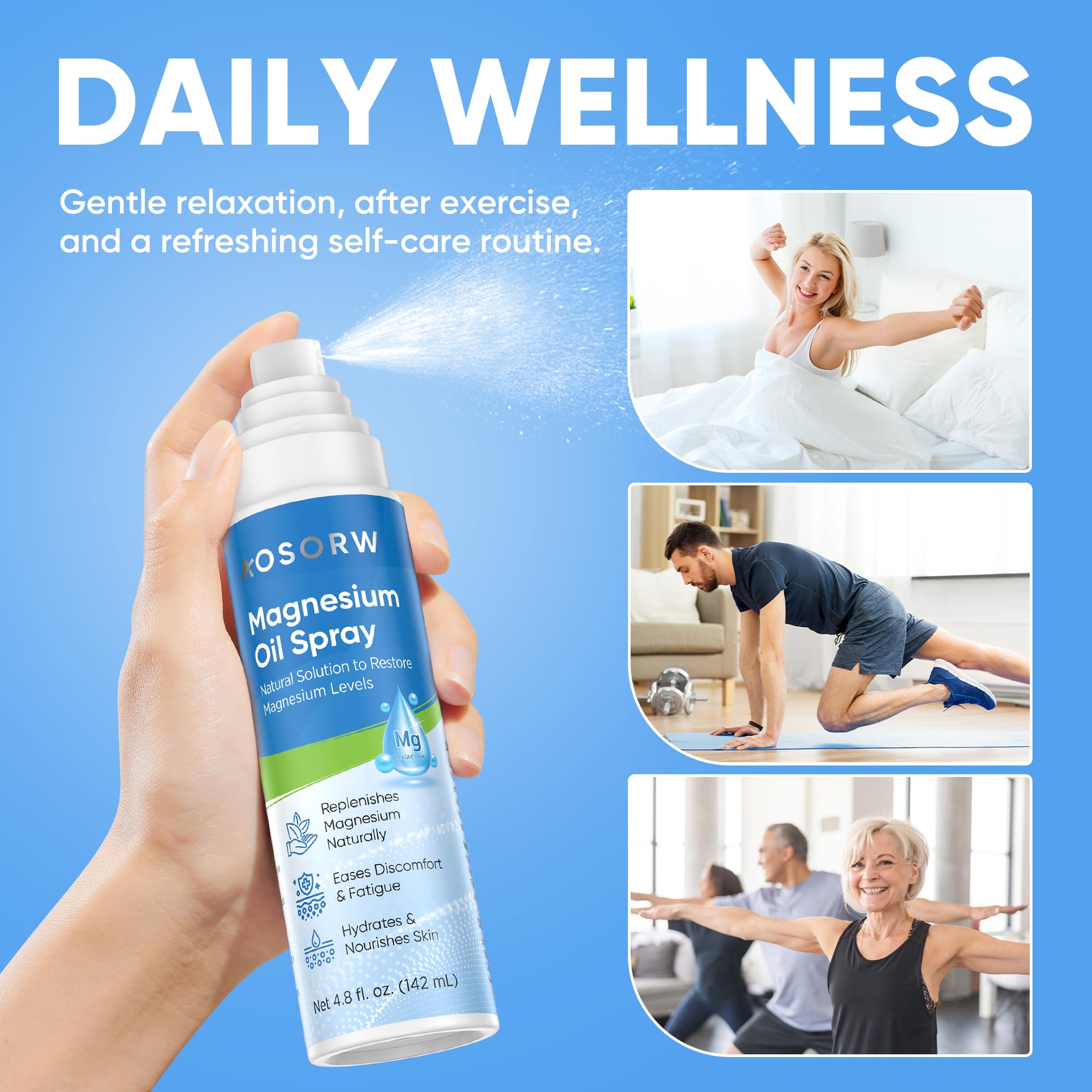 AOSORW Pure Magnesium Oil Spray - Natural Topical Magnesium for Nighttime Comfort Sleep - Non-Greasy for Feet, Hands and Body (4.8 Fl Oz (Pack of 1))