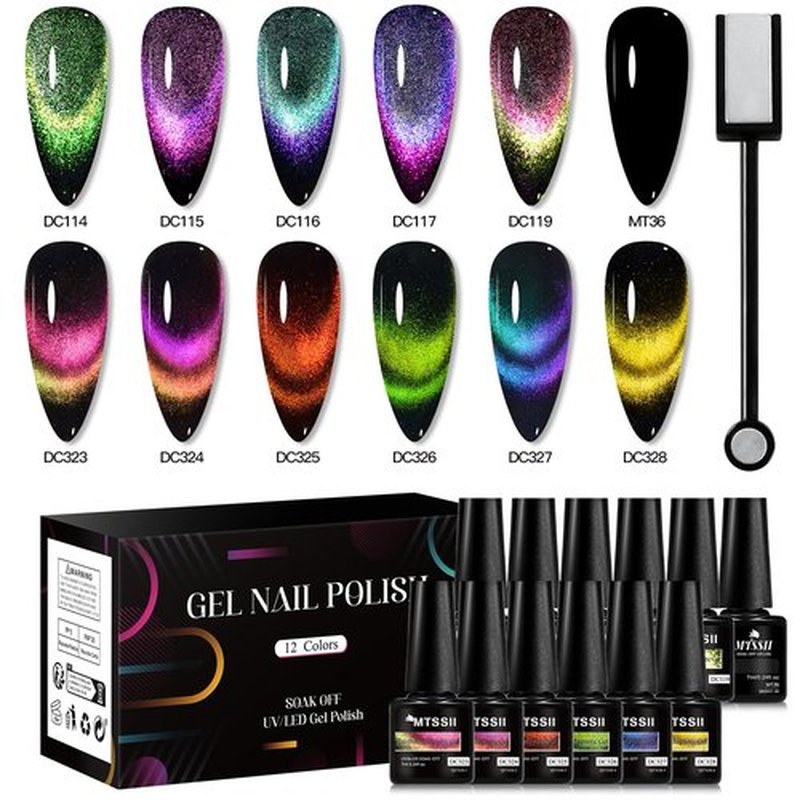 MTSSII Cat Eye Gel Polish Set,Magnetic Gel Nail Polish Kit with Magnet, Soak Off UV Cateye Gel Polish Kit Glitter Nail Art DIY Salon Gifts For Women 7ml/0.24fl.oz