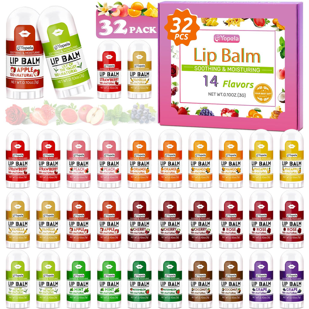 Yopela Mini Lip Balm Bulk 32 Pack, Natural Lip Balms with Vitamin E and Coconut Oil, Moisturizing and Nourishing Dry Cracked Lips,14 Flavors Chap Sticks Small Gift Party Favors for Kids Adults