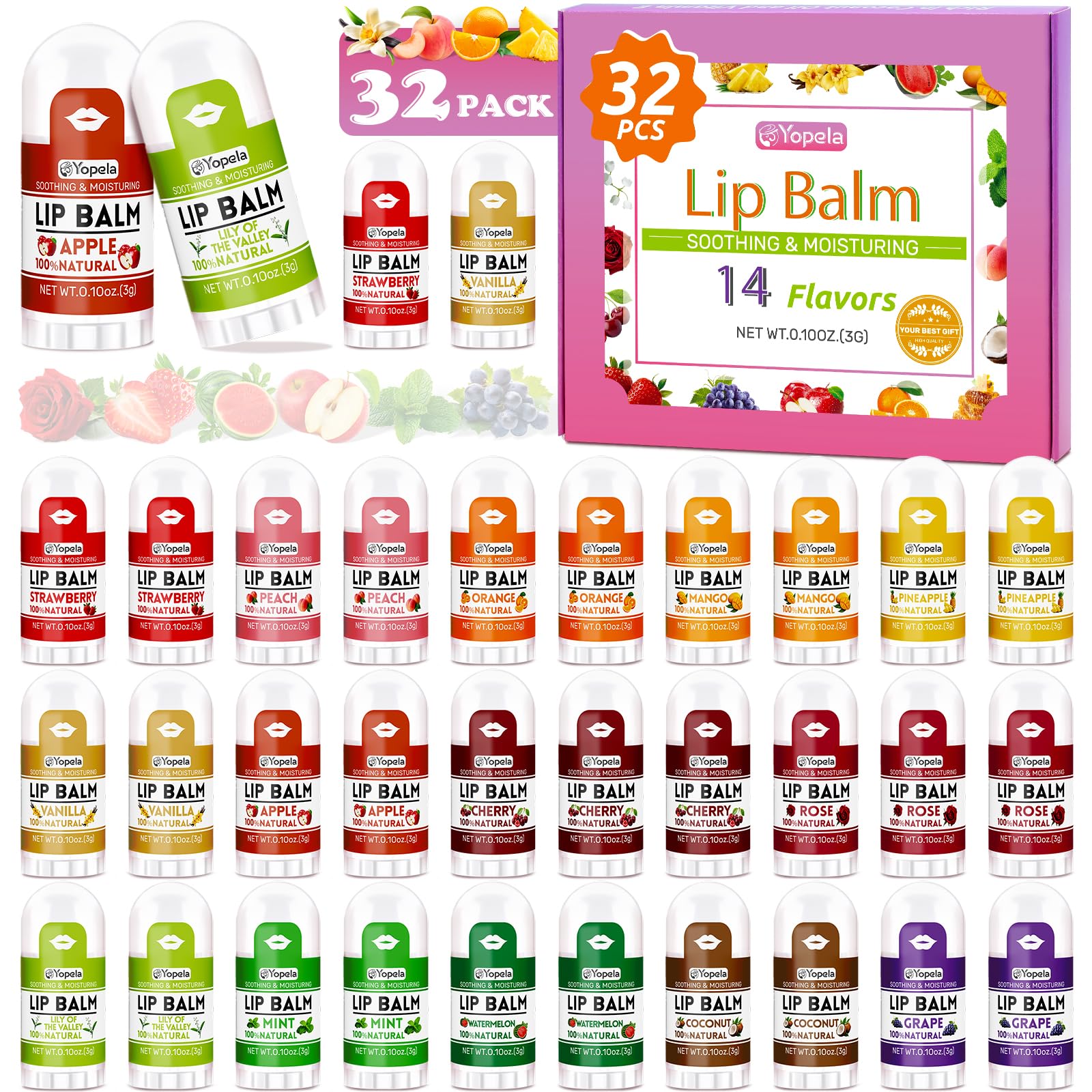 Yopela Mini Lip Balm Bulk 32 Pack, Natural Lip Balms with Vitamin E and Coconut Oil, Moisturizing and Nourishing Dry Cracked Lips,14 Flavors Chap Sticks Small Gift Party Favors for Kids Adults