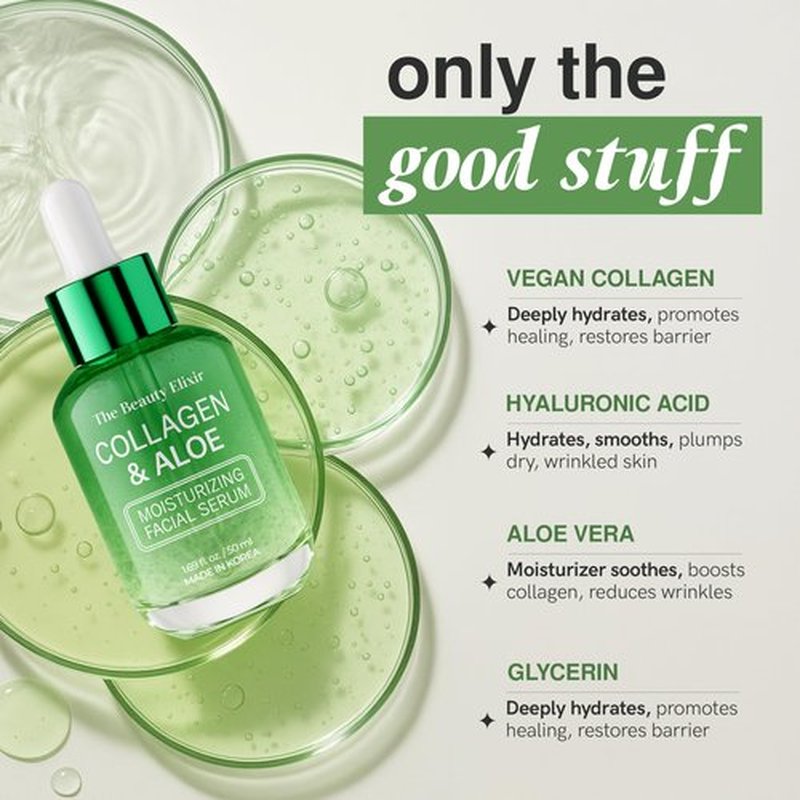 The Beauty Elixir Aloe & Collagen Serum For Face - Dermatologist Tested, Anti-Aging, Ultra Hydrating Aloe Vera Gel For Face - Natural Ingredients, Clean Beauty, Cruelty-Free Korean Skin Care - 1.69 oz