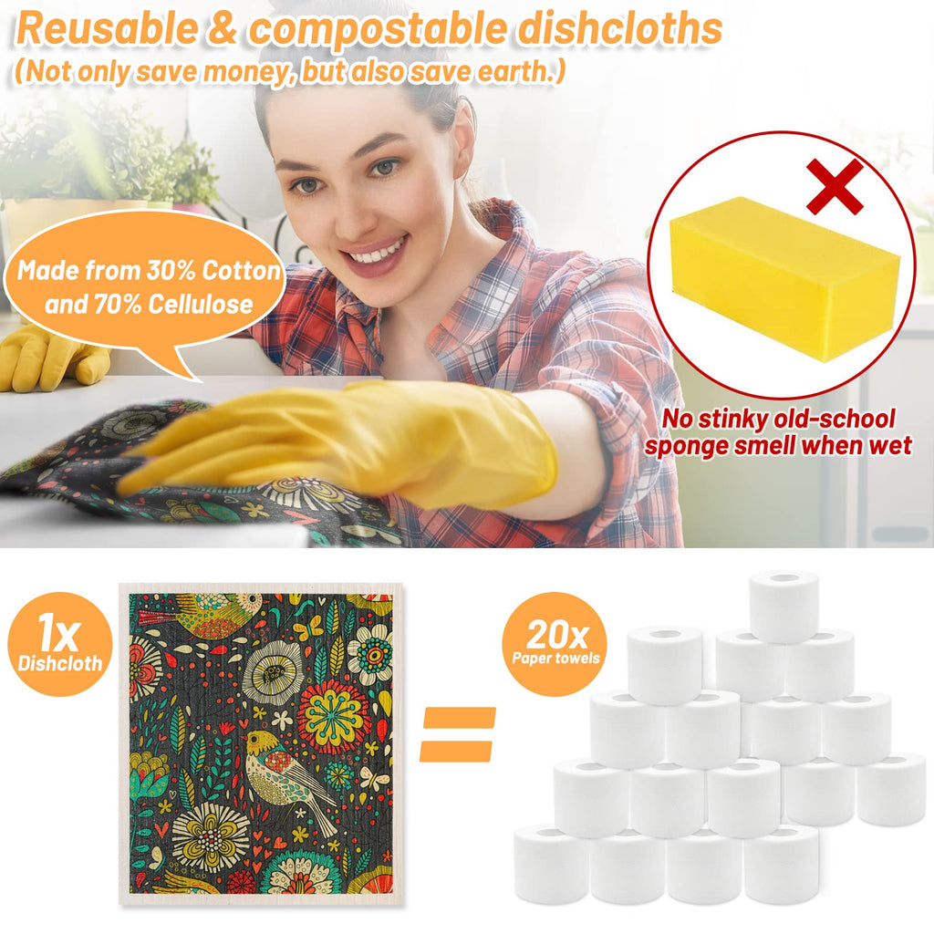 Lucomb 8 Pack Swedish Dishcloths for Kitchen, Reusable Soft Kitchen Towels Dish Cloths Set Absorbent Sponge Cleaning Washable Quick Drying Bar Hand Washing (Birds Flowers)