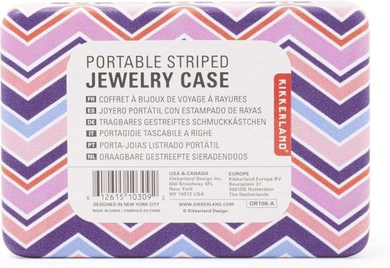 Kikkerland Portable Travel Jewelry Storage Case with Mirror - Striped Design, Compact Size