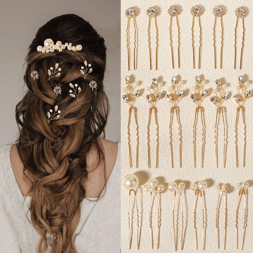 18 Pieces Gold Hair Accessories For Women Pearl Crystal Bridal Hair Pins Rhinestone Wedding HairPieces for Bride Bridesmaids