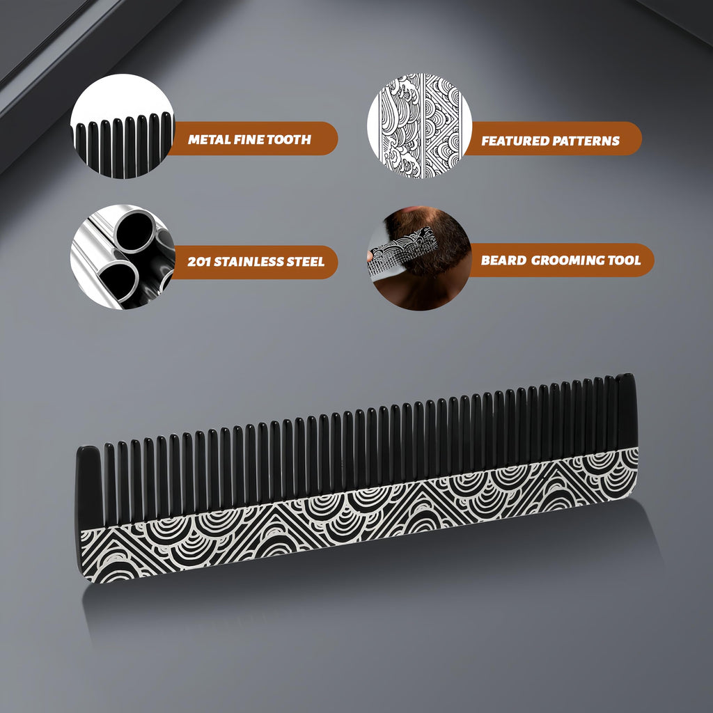 Metal Beard & Mustache Comb - Pocket Comb with 3D Pattern Design, Fine & Wide Teeth for Precise Styling - Durable, Compact, Travel-Friendly Grooming Tool for Facial Hair Care (4.65inch) - Cloud