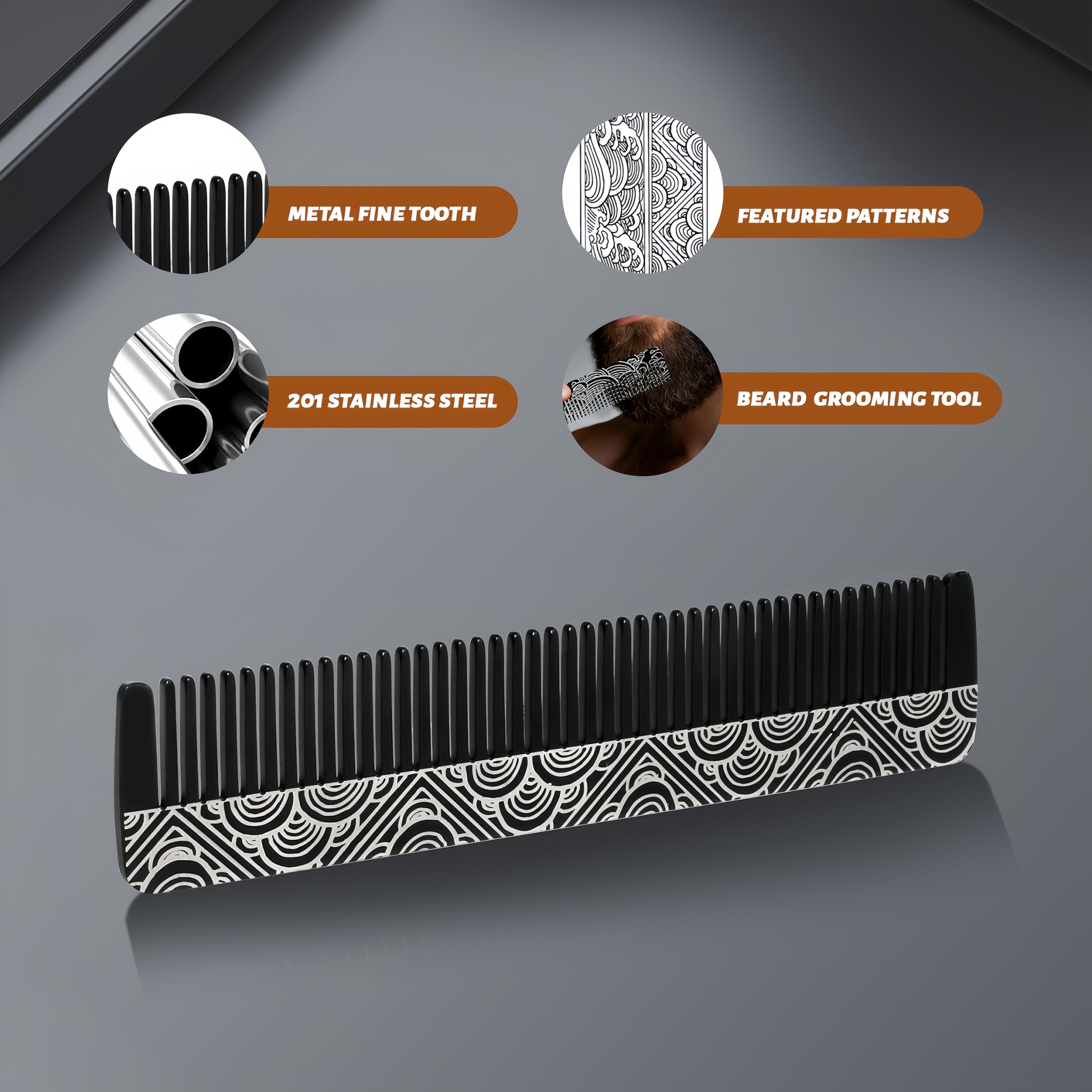 Metal Beard & Mustache Comb - Pocket Comb with 3D Pattern Design, Fine & Wide Teeth for Precise Styling - Durable, Compact, Travel-Friendly Grooming Tool for Facial Hair Care (4.65inch) - Cloud