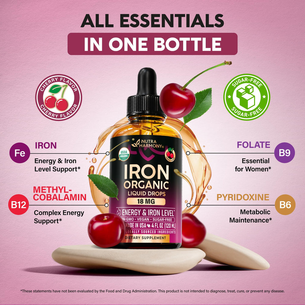 Liquid Iron Supplement for Women 18 mg - USDA Organic Drops - with Folate, Vitamin B12 & B6 - Iron Level & Energy Support - Gentle & High Absorption Glycinate Form - Cherry Flavor, Sugar-Free, 4 fl oz
