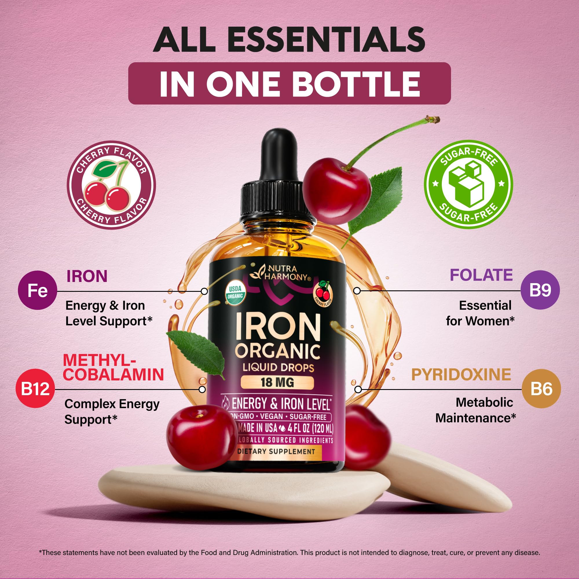 Liquid Iron Supplement for Women 18 mg - USDA Organic Drops - with Folate, Vitamin B12 & B6 - Iron Level & Energy Support - Gentle & High Absorption Glycinate Form - Cherry Flavor, Sugar-Free, 4 fl oz
