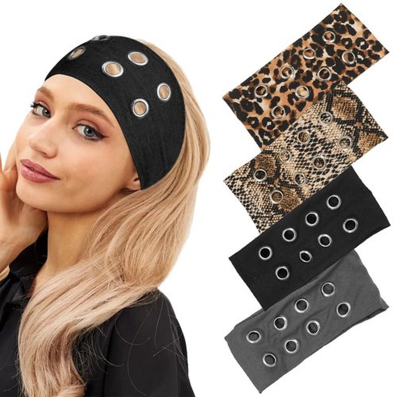 4 Pack Y2K Punk Hollow Metal Headbands - Wide Hairband with Grommet Eyelet Design, Leopard Print Elastic Bands - Retro Fashion Accessories for Girls, Women, Festival, Street & Daily Wear(A)