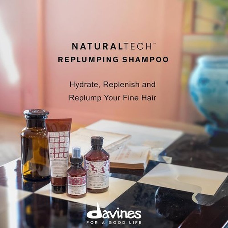 Davines Naturaltech Replumping Shampoo - Moisturizing Formula for Fine Hair - 8.45 Fl Oz