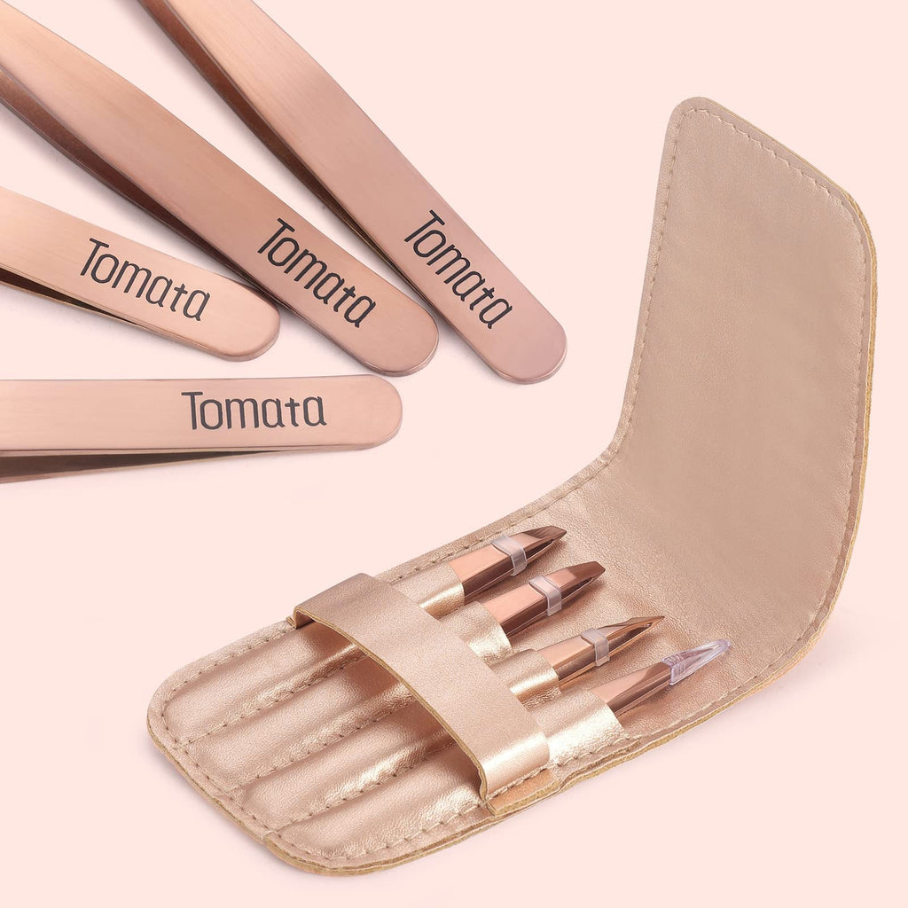 TomataTweezers for Eyebrows, Slant Tip and Pointed Eyebrow Tweezer Set Great Precision for Eyebrows Facial Hair, Ingrown Hair, Splinter, Blackhead and Tick Remover (4-piece)