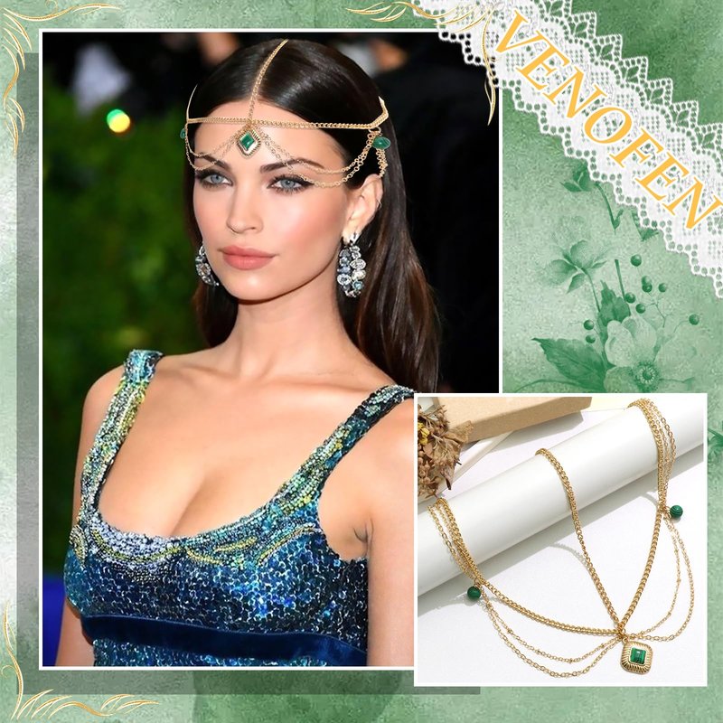 VENOFEN Head Chain Gold Headpiece Imitation Emerald Beads Forehead Jewelry for Women Boho Style Multi-Layered Chain Head Jewelry Festival Hair Decoration Accessories