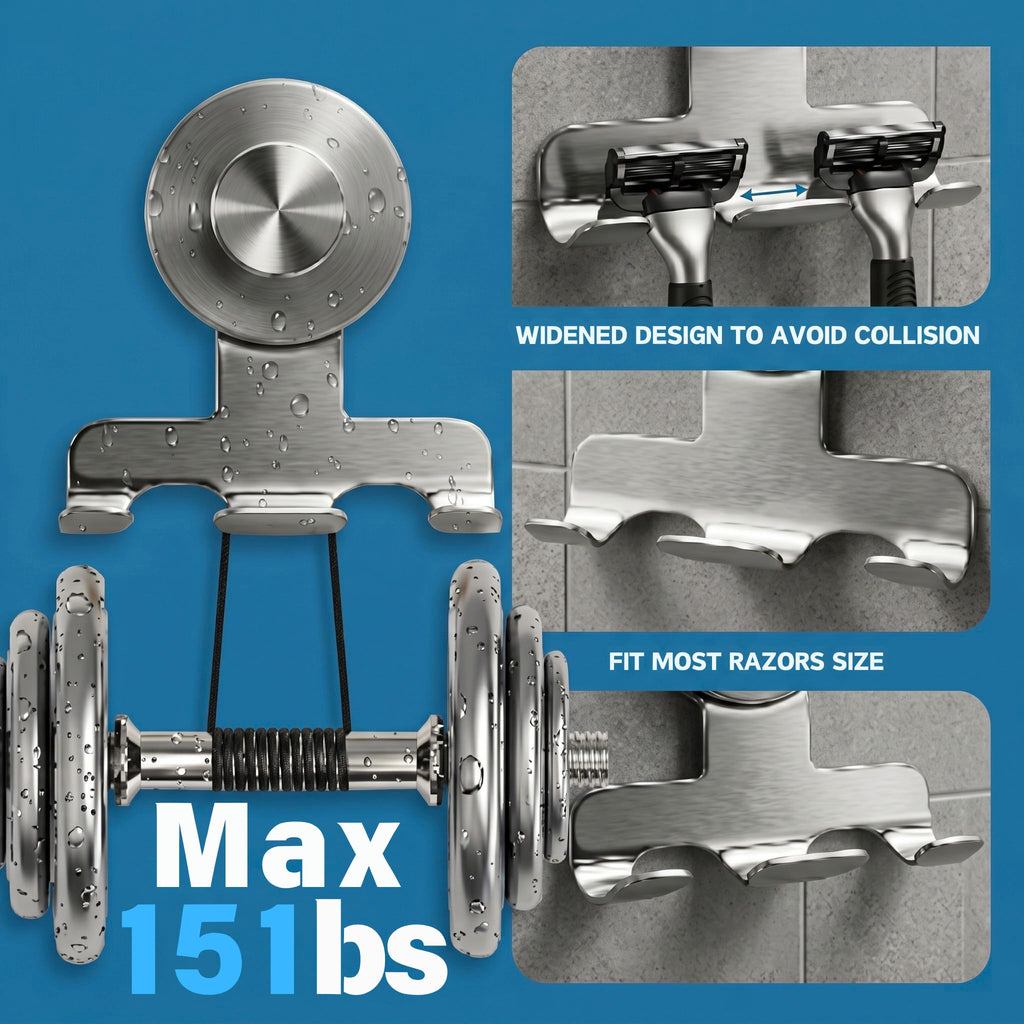 WACXYBZ Suction Cup Razor Holder for Shower, Heavy-Duty 7KG Suction Hooks for Razor, Towel, Loofah, Removable Damage-Free Metal Shower Hook, Shaver Holder, 2 Pack (Brushed Silver)