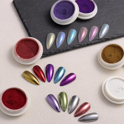 Fcozpjk Chrome Nail Powder Set, 16 Colors Mirror Metallic Effect for Nails Gold Silver Pink Blue Violet Green Red Crome Powder Pearl Chrome Pigment Iridescent Mermaid Shimmer Glitter Rub Dust Manicure