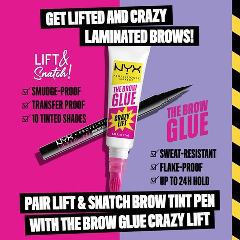 NYX PROFESSIONAL MAKEUP The Brow Glue Crazy Lift, Brow Lamination Gel with 16HR Strong Hold & Built-In Styling Comb - Clear Eyebrow Gel