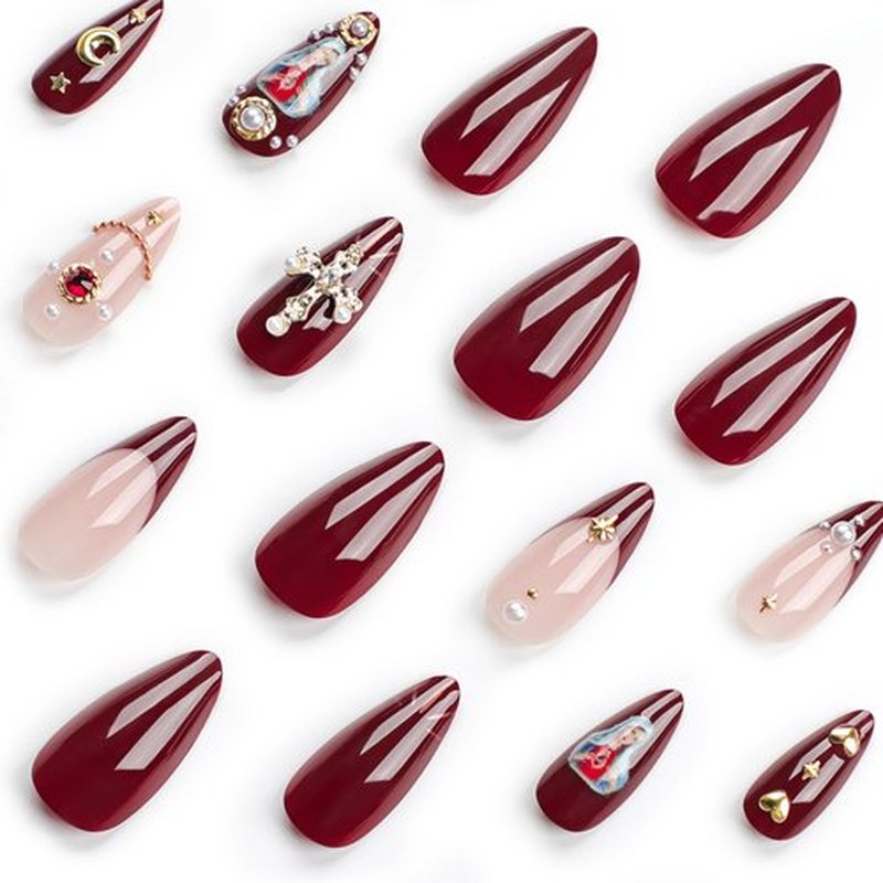 Almond French Tip Gold Glue Press On False Nails with Charms Cross 3D Gems Rhinestones Moon Design Red Acrylic Nails for Women Girls