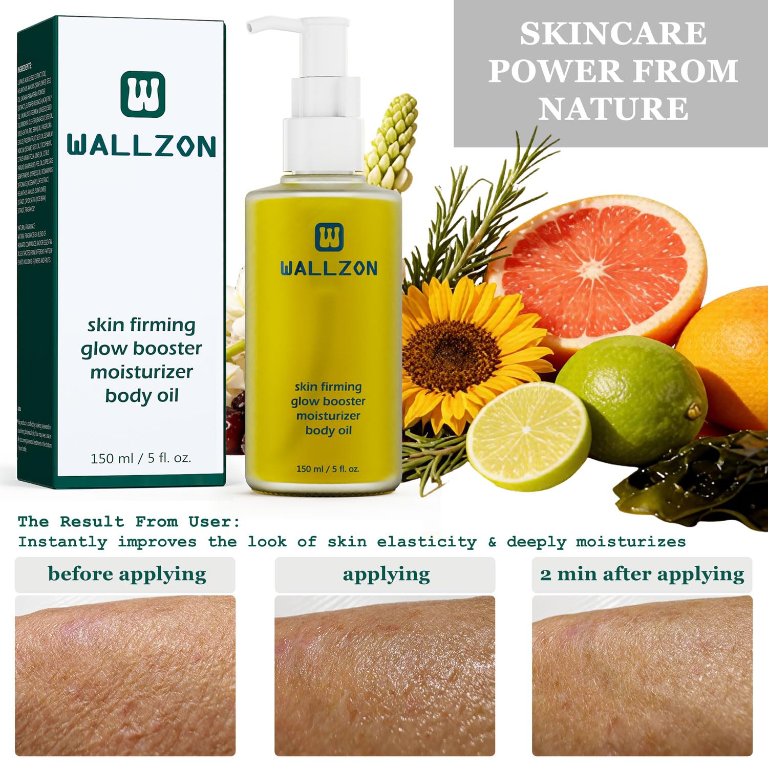 WALLZON Firming & Moisturizing Body Oil for Women with Seaweed Extract, 5 oz After Shower Skincare Oil, Non-Greasy, Lightweight, Fast-Absorbing, Improves Skin Elasticity, Citrus Scent