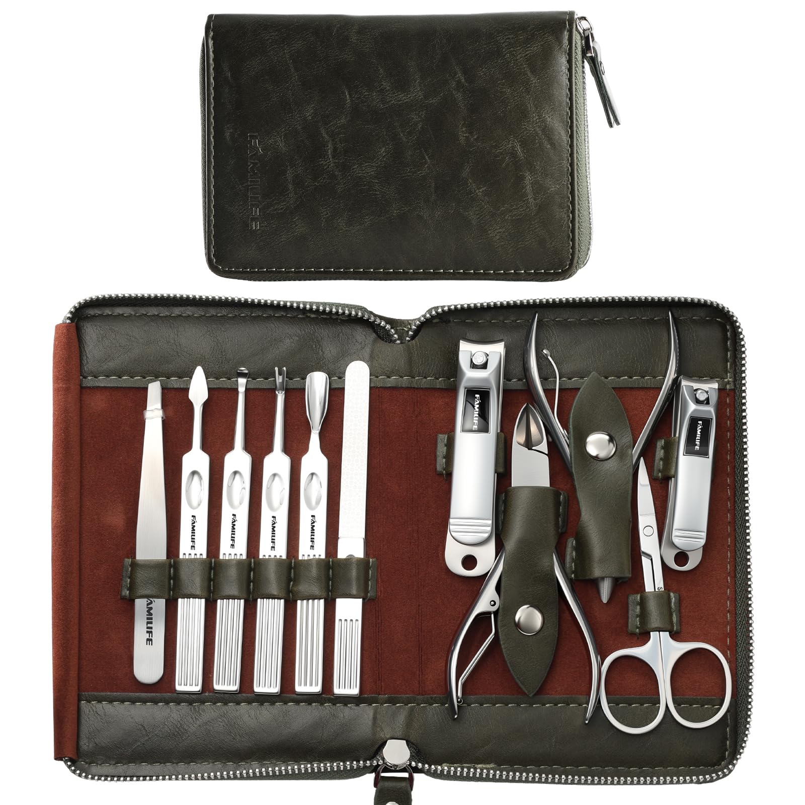 FAMILIFE Manicure Set, Professional Manicure Kit Nail Clippers Set 11 in 1 Stainless Steel Nail Pedicure Tools Kit Grooming Tool with Portable Green Leather Travel Case Luxury Gifts for Women and Men