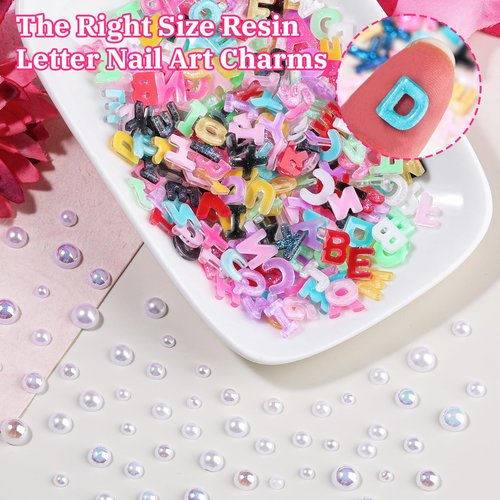 800PCS Letter Nail Art Charms and Half Pearls, Kawaii 3D Alphabet Nail Rhinestones Candy Flatback Resin Charms Glitter Design Decoden Charms for Nails Crafts Nail Decoration Accessories Women DIY