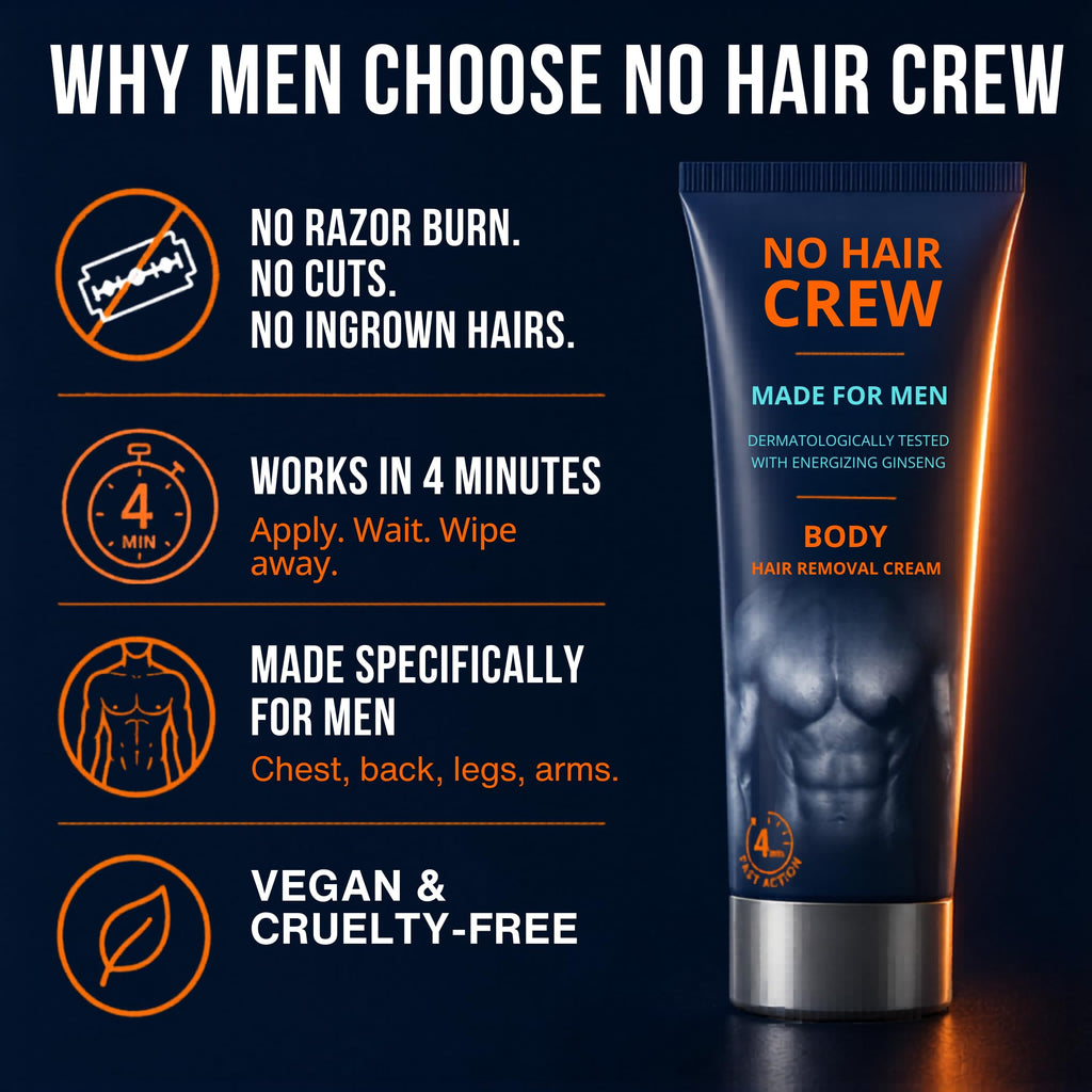 No Hair Crew Body At Home Hair Removal Cream for Manscaping Unwanted Hair with Energizing Ginseng, Premium Depilatory, Painless & Flawless, Made for Men, 200ml