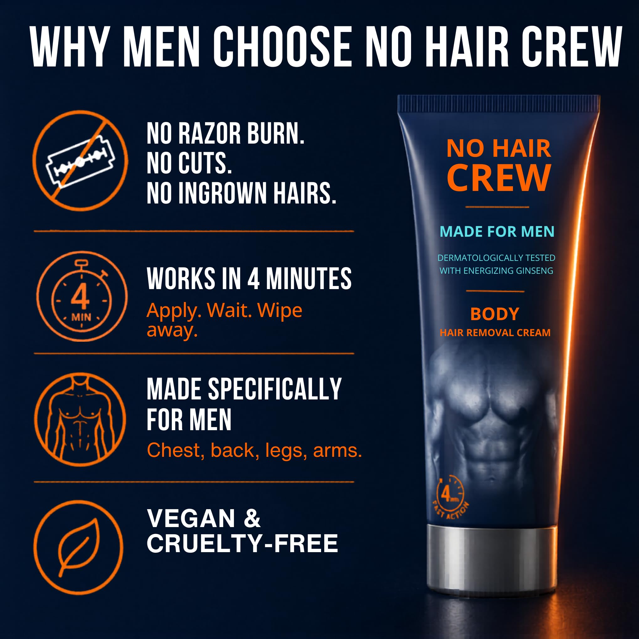 No Hair Crew Body At Home Hair Removal Cream for Manscaping Unwanted Hair with Energizing Ginseng, Premium Depilatory, Painless & Flawless, Made for Men, 200ml