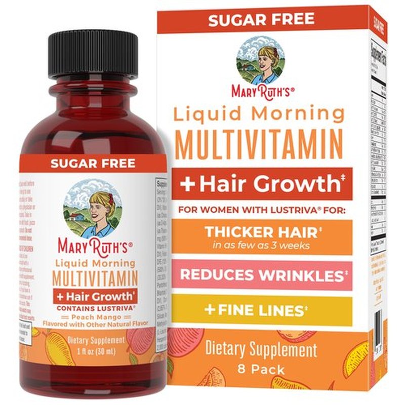 MaryRuth's Liquid Multivitamin + Hair Growth Travel Pack | 8 ct | Biotin 10000mcg | Lustriva Hair Growth Supplement | Clinically Tested in Women for Thicker Hair & Facial Wrinkle | Ages 18+ | 1 Fl Oz