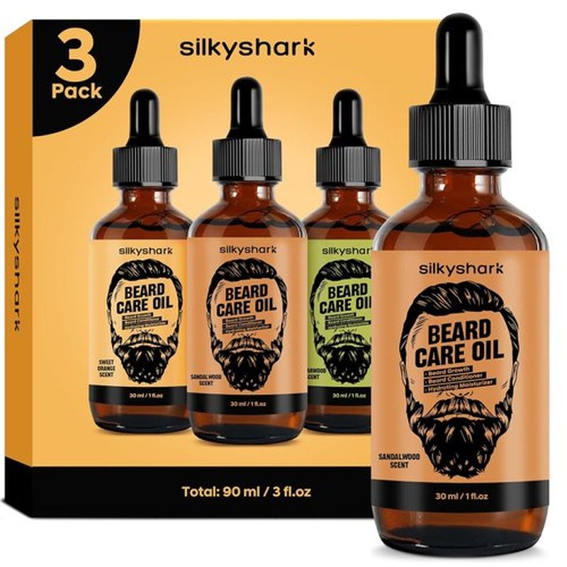 SilkyShark Beard Oil - 3 Pack (90ml) | Hydrating Growth & Conditioning Oil for Men - Sandalwood, Cedarwood, Sweet Orange Scents