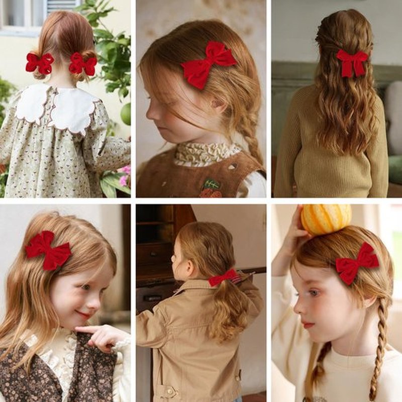 Red Velvet Ribbon Bow Hair Clip 12pcs 3in Christmas Dressy Bow Alligator Barrettes Valentines New Year Ponytail Decor Accessory Small for Little Teen Toddler Baby Girls Kids Gift