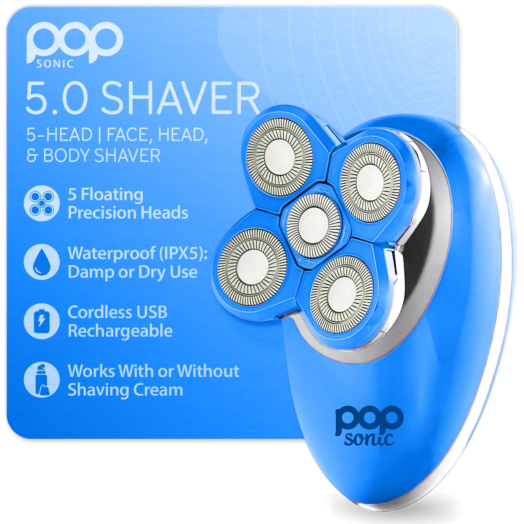 Pop Sonic 5-Head Electric Shaver – Face, Head & Body Shaver – Waterproof USB Rechargeable Trimmer – Floating Precision Heads – Razors for Women & Razors for Men (Blue)