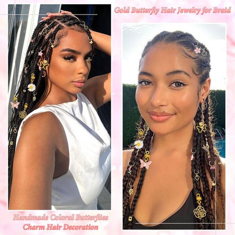 NAISKA 146PCS Gold Hair Jewelry with Butterfly Flower Charms, Metal Alloy Hair Coils, Rings, Cuffs and Decorations for Locs, Dreadlocks and Braids - Handmade Accessories for Women and Girls