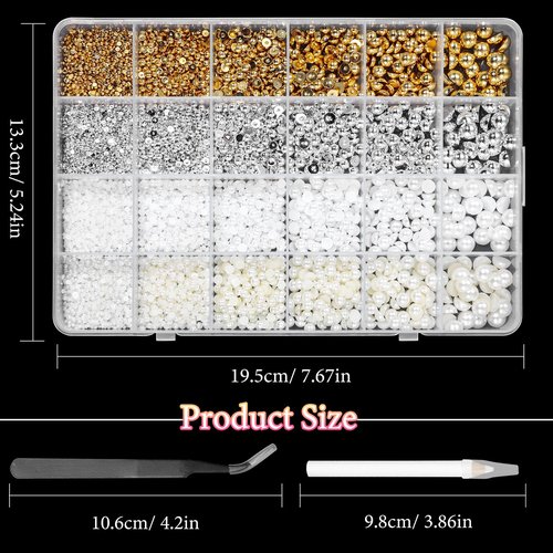 9000 Pcs Gold Silver Flatback Pearls for Crafting, Half Round Nail Gems, 2-8 mm White Beige Beads for DIY Jewelry Face Makeup With Pickup Pencil Tweezer