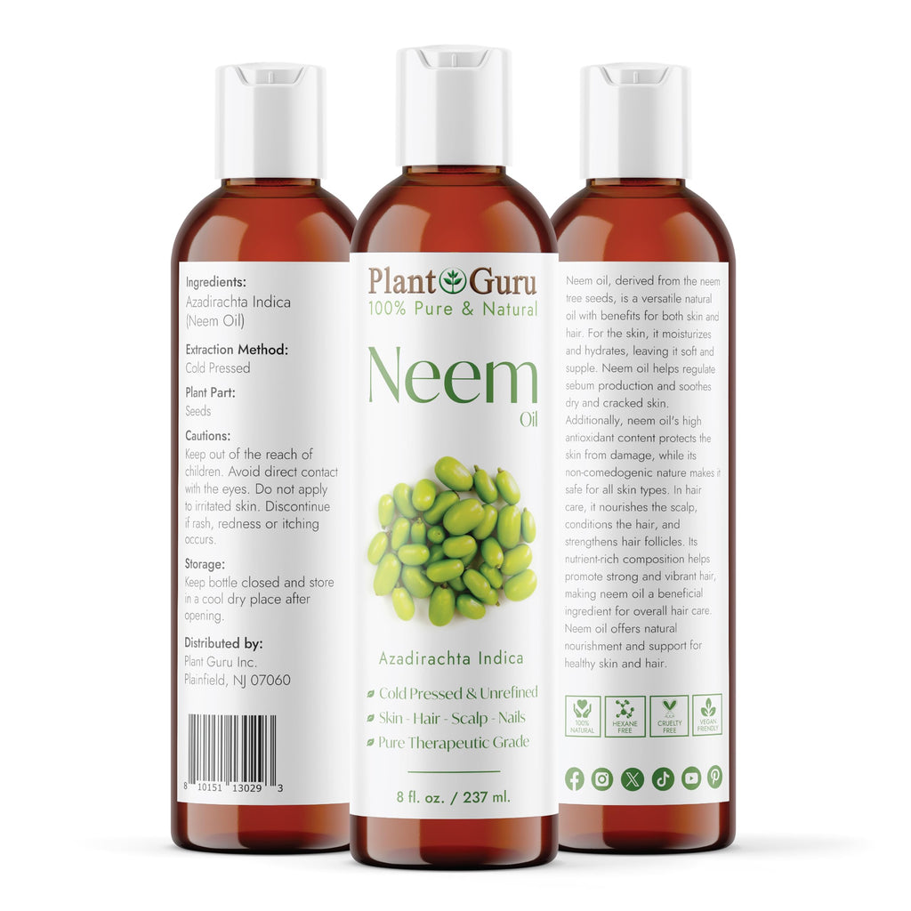 Plant Guru Neem Oil 8 fl. oz. – Unrefined Cold Pressed 100% Pure Natural – Nourishing for Skin, Hair, and Scalp – Hydrating and Moisturizing.