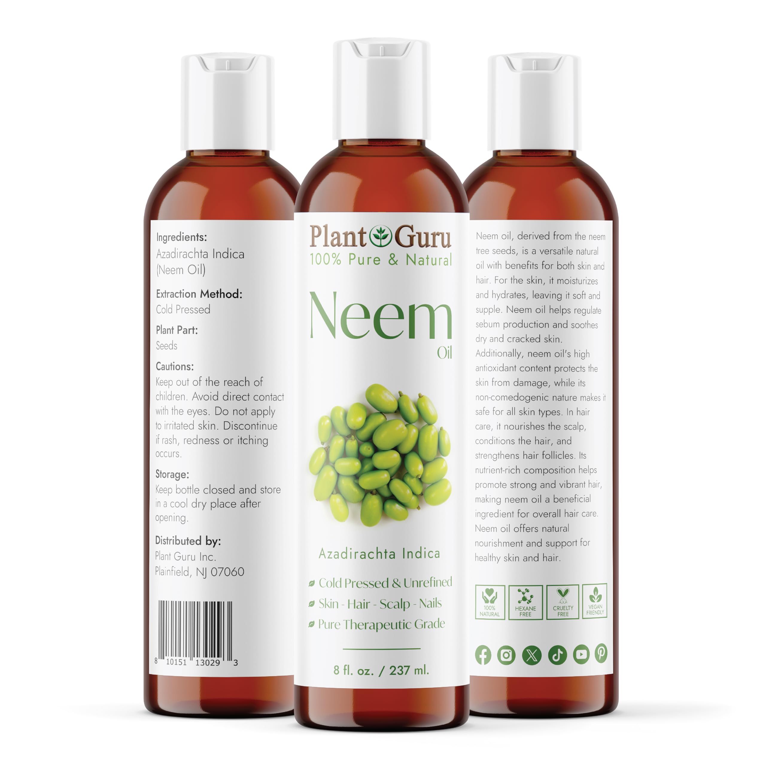 Plant Guru Neem Oil 8 fl. oz. – Unrefined Cold Pressed 100% Pure Natural – Nourishing for Skin, Hair, and Scalp – Hydrating and Moisturizing.
