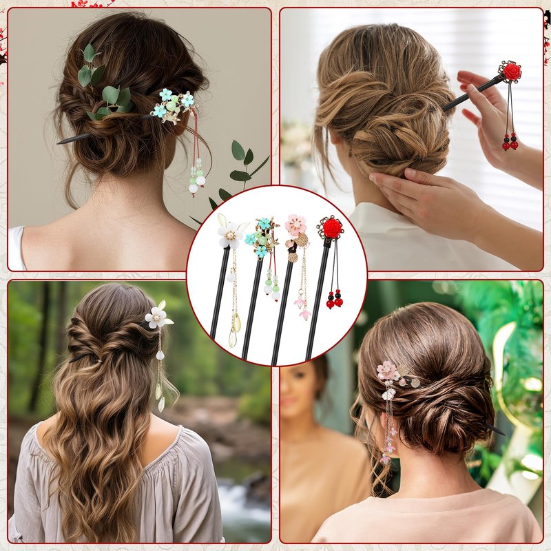 WILLBOND 6 Pcs Chinese Hair Sticks Japanese Vintage Wooden Chopsticks Accessories for Women Asian Floral Stick Classic Retro Tassel Flower Pins Handmade for Long Hanfu Hair(Classic Style)